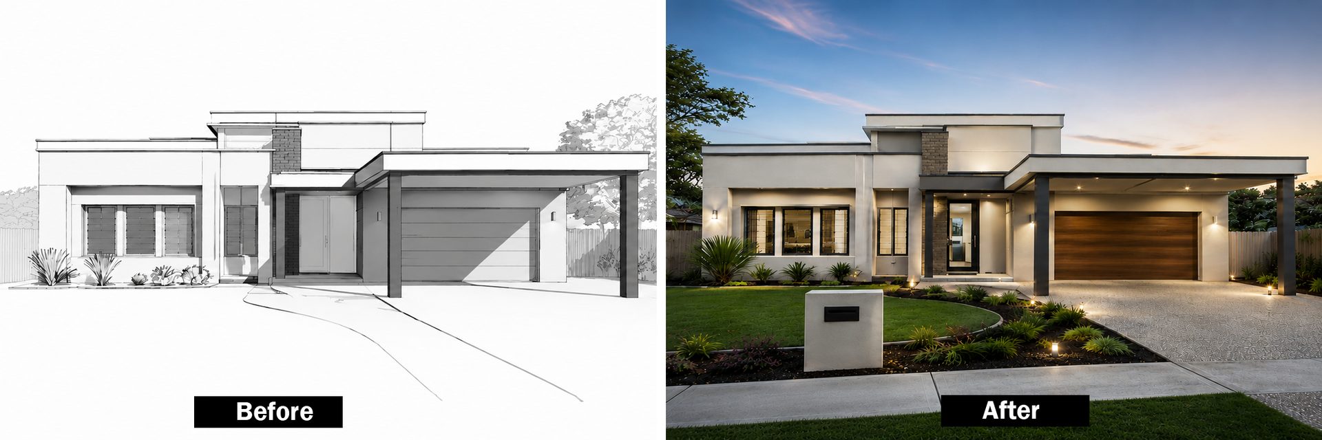 3D architectural rendering example showing a photorealistic exterior render created from a floor plan by Retouchiva