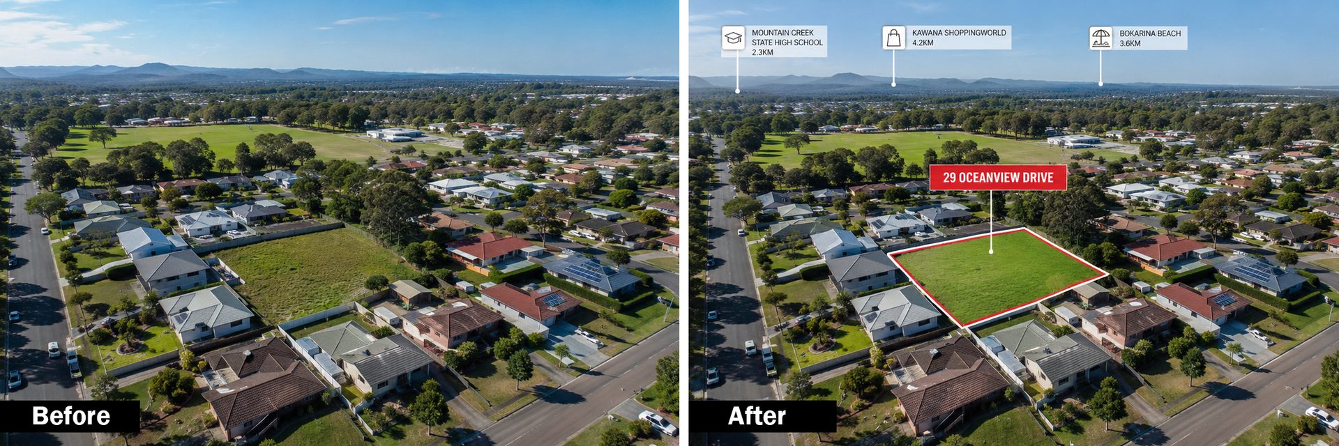 Aerial drone real estate photo before and after editing, highlighting a single property lot boundary by Retouchiva