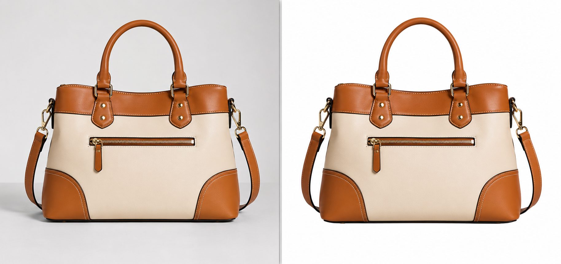 Handbag product photo before and after clipping path background removal by Retouchiva