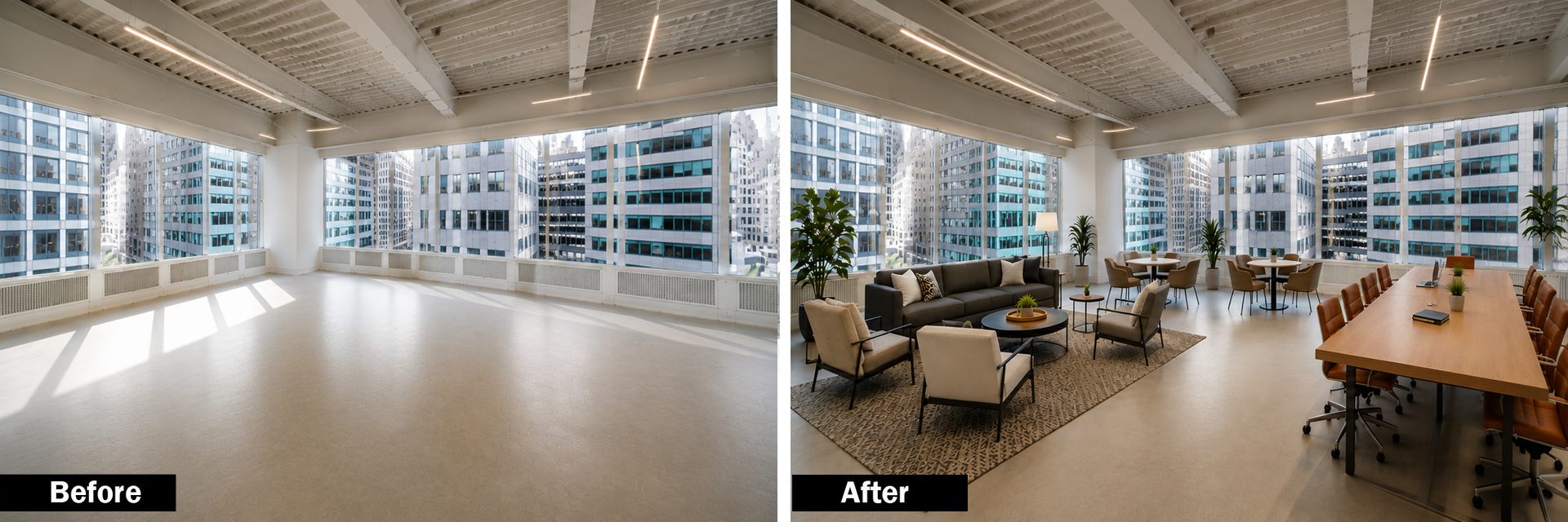 Empty commercial office space before and after virtual staging with lounge and meeting furniture by Retouchiva