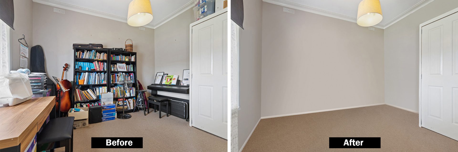 Cluttered room before and after virtual item removal and cleaning editing by Retouchiva